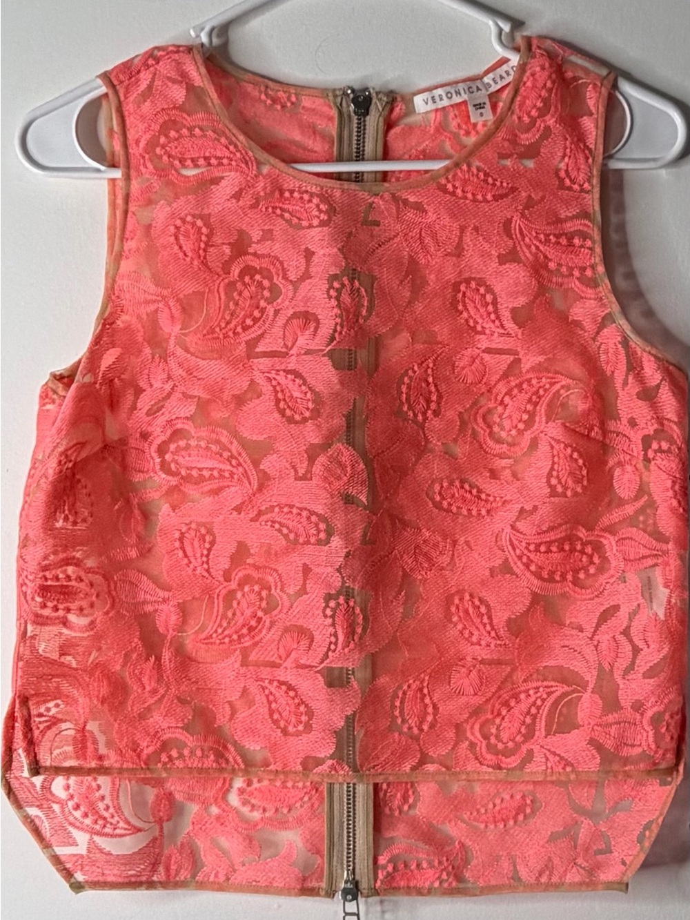 Veronica Beard Neon Coral Lace Overlay Sleeveless Dress